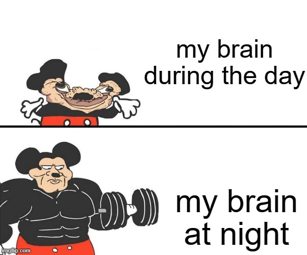 My brain | my brain during the day; my brain at night | image tagged in micky mouse,memes | made w/ Imgflip meme maker