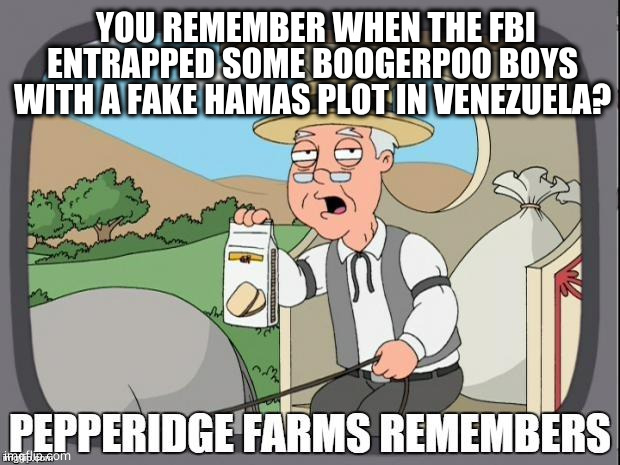 pepridge farm remembers cointelpro | YOU REMEMBER WHEN THE FBI ENTRAPPED SOME BOOGERPOO BOYS WITH A FAKE HAMAS PLOT IN VENEZUELA? | image tagged in pepperidge farms remembers,politics,fbi,pepperidge farms | made w/ Imgflip meme maker