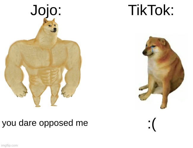 Jojo vs TikTok | Jojo:; TikTok:; you dare opposed me; :( | image tagged in memes,buff doge vs cheems | made w/ Imgflip meme maker