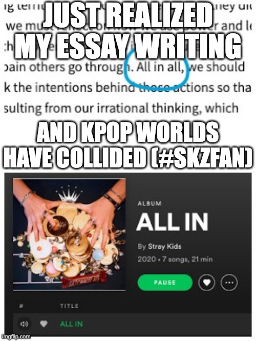So many kpop references | JUST REALIZED MY ESSAY WRITING; AND KPOP WORLDS HAVE COLLIDED (#SKZFAN) | image tagged in kpop,stray kids,random,references,useless stuff | made w/ Imgflip meme maker