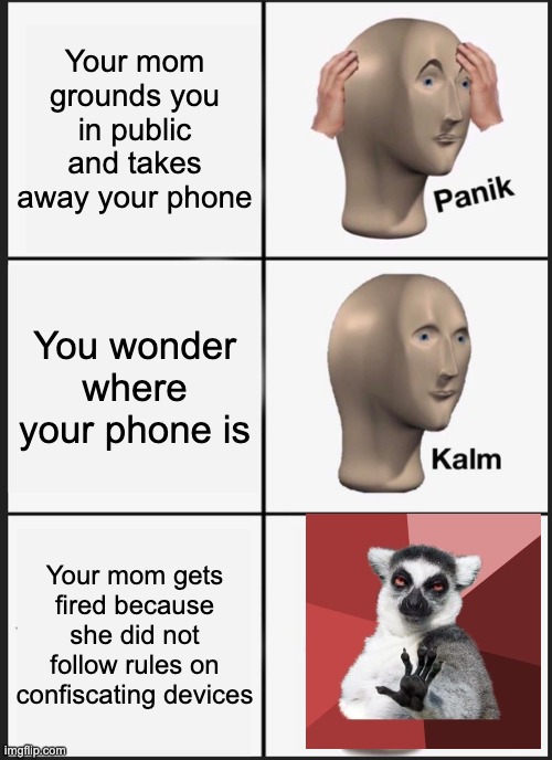Panik Kalm Panik Meme | Your mom grounds you in public and takes away your phone You wonder where your phone is Your mom gets fired because she did not follow rules | image tagged in memes,panik kalm panik | made w/ Imgflip meme maker