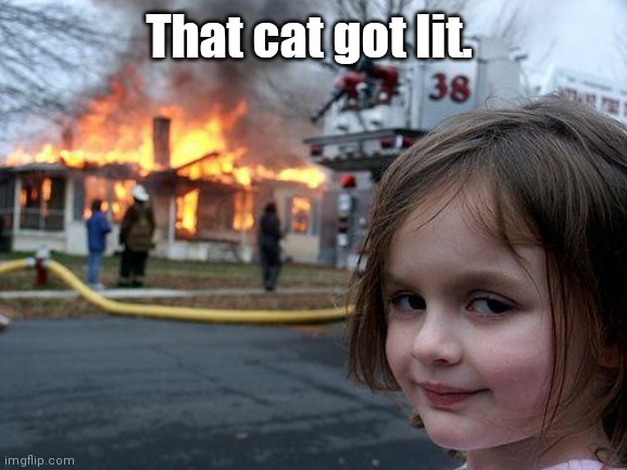 Disaster Girl Meme | That cat got lit. | image tagged in memes,disaster girl | made w/ Imgflip meme maker