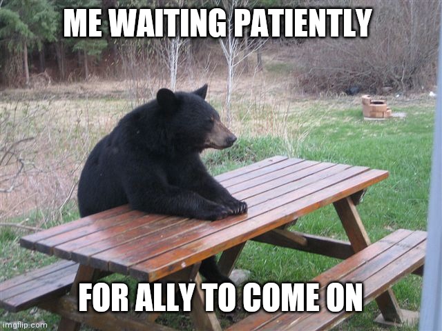 I need her to know Im fine | ME WAITING PATIENTLY; FOR ALLY TO COME ON | image tagged in patient bear,panic | made w/ Imgflip meme maker