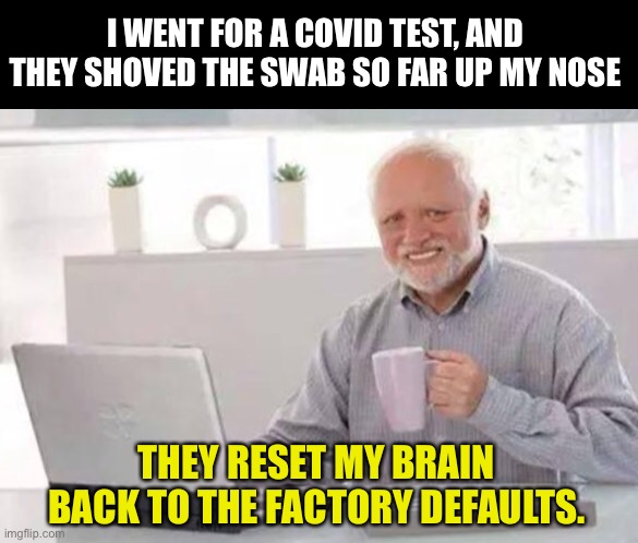 COVID | I WENT FOR A COVID TEST, AND THEY SHOVED THE SWAB SO FAR UP MY NOSE; THEY RESET MY BRAIN BACK TO THE FACTORY DEFAULTS. | image tagged in harold | made w/ Imgflip meme maker