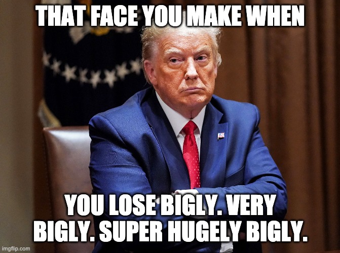 Bigly loser | THAT FACE YOU MAKE WHEN; YOU LOSE BIGLY. VERY BIGLY. SUPER HUGELY BIGLY. | image tagged in donald trump,loser | made w/ Imgflip meme maker