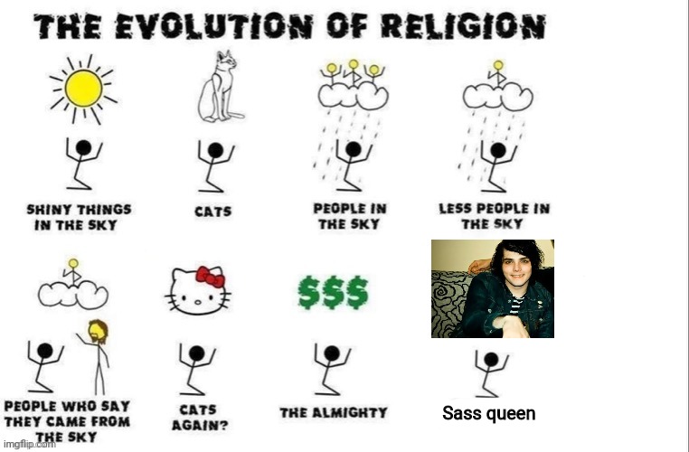 SASS QUEEN |  Sass queen | image tagged in the evolution of religion,mcr,gerard way | made w/ Imgflip meme maker