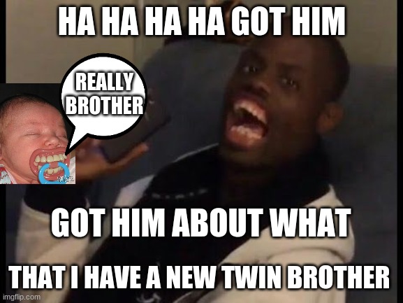 HA! Got him! | HA HA HA HA GOT HIM; REALLY BROTHER; GOT HIM ABOUT WHAT; THAT I HAVE A NEW TWIN BROTHER | image tagged in ha got him | made w/ Imgflip meme maker