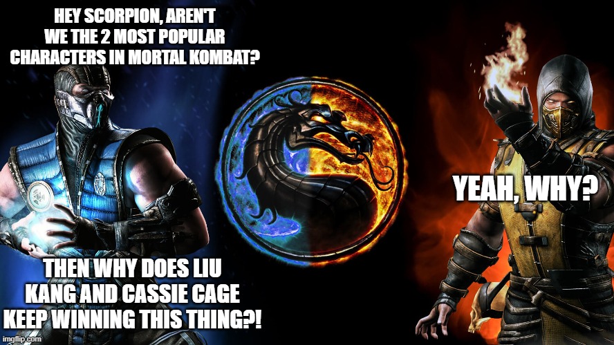 Mortal Kombat | HEY SCORPION, AREN'T WE THE 2 MOST POPULAR CHARACTERS IN MORTAL KOMBAT? YEAH, WHY? THEN WHY DOES LIU KANG AND CASSIE CAGE KEEP WINNING THIS THING?! | image tagged in mortal kombat | made w/ Imgflip meme maker