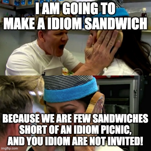 Gordon Ramsay Idiot Sandwich | I AM GOING TO MAKE A IDIOM SANDWICH BECAUSE WE ARE FEW SANDWICHES SHORT OF AN IDIOM PICNIC, AND YOU IDIOM ARE NOT INVITED! | image tagged in gordon ramsay idiot sandwich | made w/ Imgflip meme maker