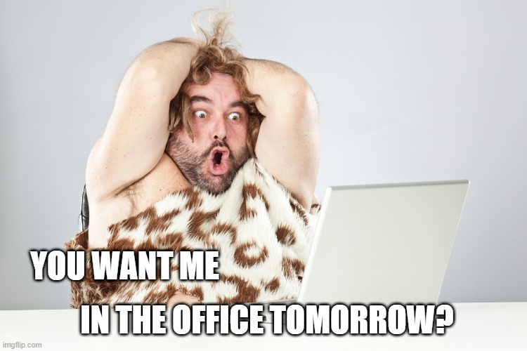 Office Attire | YOU WANT ME; IN THE OFFICE TOMORROW? | image tagged in caveman | made w/ Imgflip meme maker