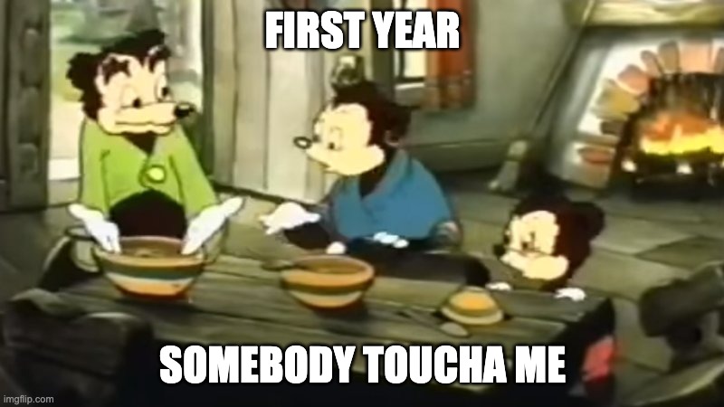 Somebody Toucha my spaghet | FIRST YEAR SOMEBODY TOUCHA ME | image tagged in somebody toucha my spaghet | made w/ Imgflip meme maker
