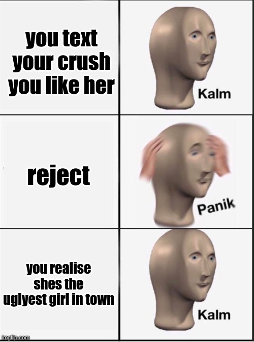 Reverse kalm panik | you text your crush you like her reject you realise shes the uglyest girl in town | image tagged in reverse kalm panik | made w/ Imgflip meme maker