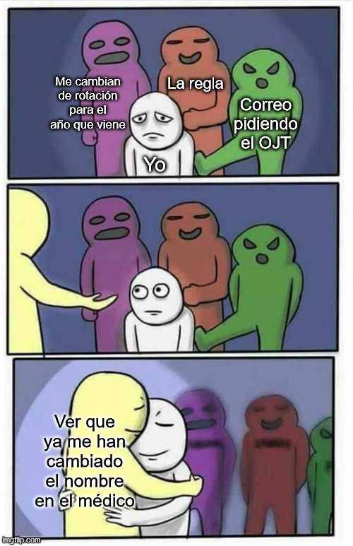 It's been an awful day but it ended well because it throw some light | Me cambian de rotación para el año que viene; La regla; Correo pidiendo el OJT; Yo; Ver que ya me han cambiado el nombre en el médico | image tagged in problems stress pain blank | made w/ Imgflip meme maker