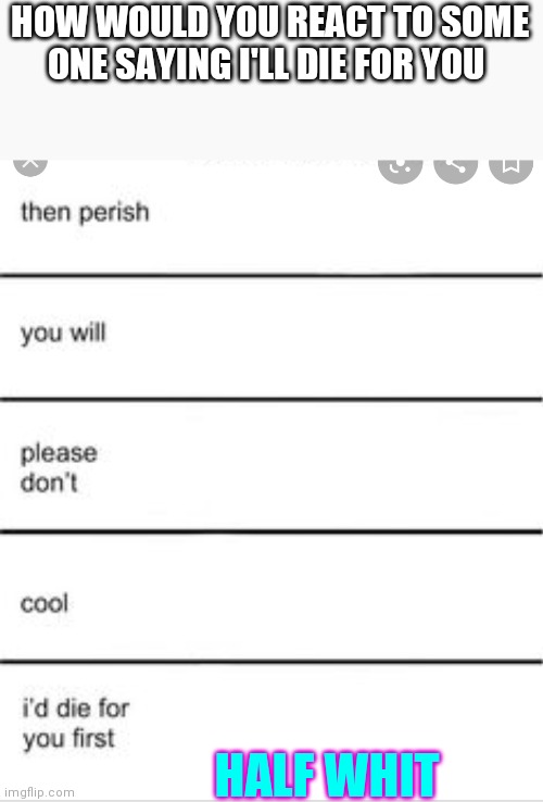 HOW WOULD YOU REACT TO SOME ONE SAYING I'LL DIE FOR YOU; HALF WHIT | made w/ Imgflip meme maker