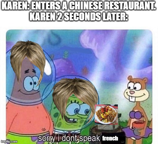 Mrs. Worldwide | KAREN: ENTERS A CHINESE RESTAURANT.

KAREN 2 SECONDS LATER:; french | image tagged in sorry i dont speak wrong | made w/ Imgflip meme maker