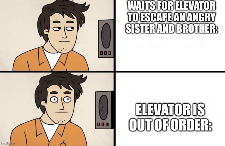 I got caught and it was painful ngl | WAITS FOR ELEVATOR TO ESCAPE AN ANGRY SISTER AND BROTHER:; ELEVATOR IS OUT OF ORDER: | image tagged in scp advert | made w/ Imgflip meme maker