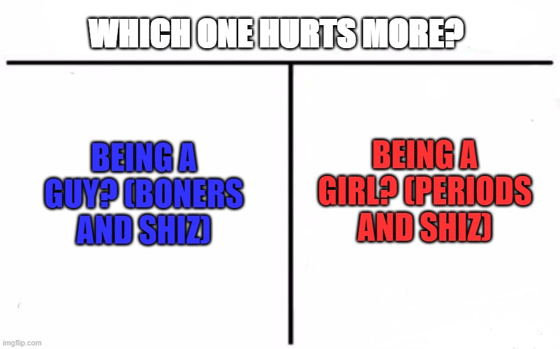 a guy friend said having a d is worse >:( | WHICH ONE HURTS MORE? BEING A GIRL? (PERIODS AND SHIZ); BEING A GUY? (BONERS AND SHIZ) | image tagged in memes,who would win | made w/ Imgflip meme maker