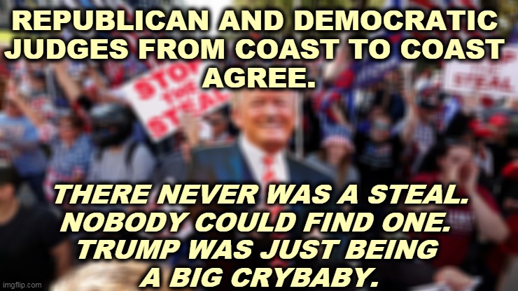 Trump lost. He's emotionally f*cked up, that's all. | REPUBLICAN AND DEMOCRATIC 
JUDGES FROM COAST TO COAST 
AGREE. THERE NEVER WAS A STEAL.
NOBODY COULD FIND ONE. 
TRUMP WAS JUST BEING 
A BIG CRYBABY. | image tagged in biden,winner,trump,loser,crybaby,snowflake | made w/ Imgflip meme maker