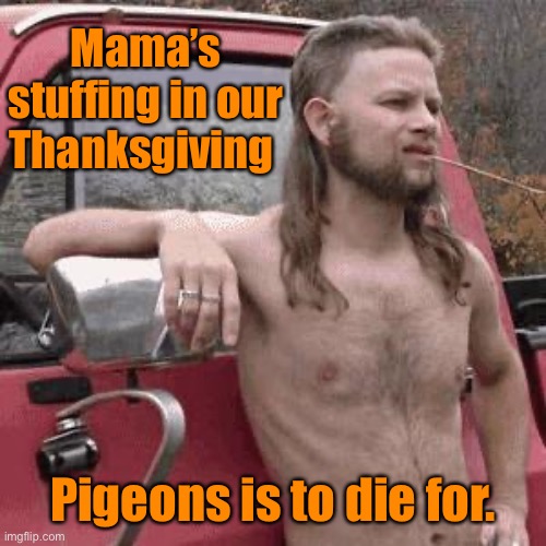 Redneck Thanksgiving | Mama’s stuffing in our Thanksgiving; Pigeons is to die for. | image tagged in almost redneck,pigeons,stuffing,thanksgiving | made w/ Imgflip meme maker