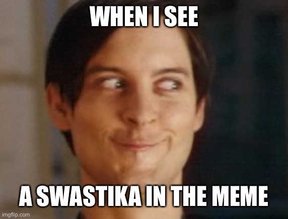 Spiderman Peter Parker Meme | WHEN I SEE A SWASTIKA IN THE MEME | image tagged in memes,spiderman peter parker | made w/ Imgflip meme maker