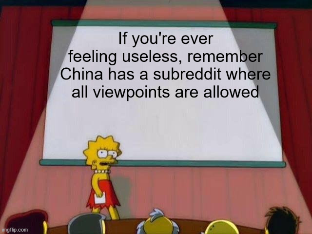 Lisa Simpson's Presentation | If you're ever feeling useless, remember China has a subreddit where all viewpoints are allowed | image tagged in lisa simpson's presentation,memes | made w/ Imgflip meme maker