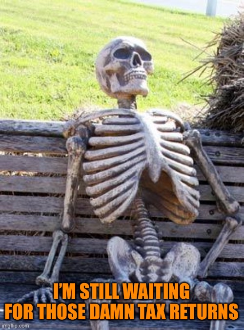 Waiting Skeleton Meme | I’M STILL WAITING FOR THOSE DAMN TAX RETURNS | image tagged in memes,waiting skeleton | made w/ Imgflip meme maker