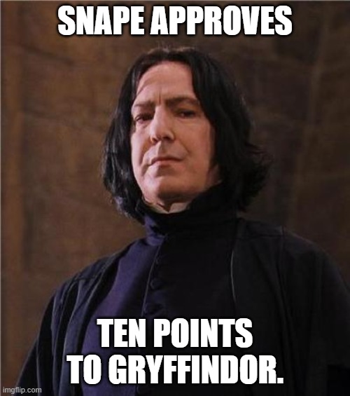 snape | SNAPE APPROVES; TEN POINTS TO GRYFFINDOR. | image tagged in snape | made w/ Imgflip meme maker