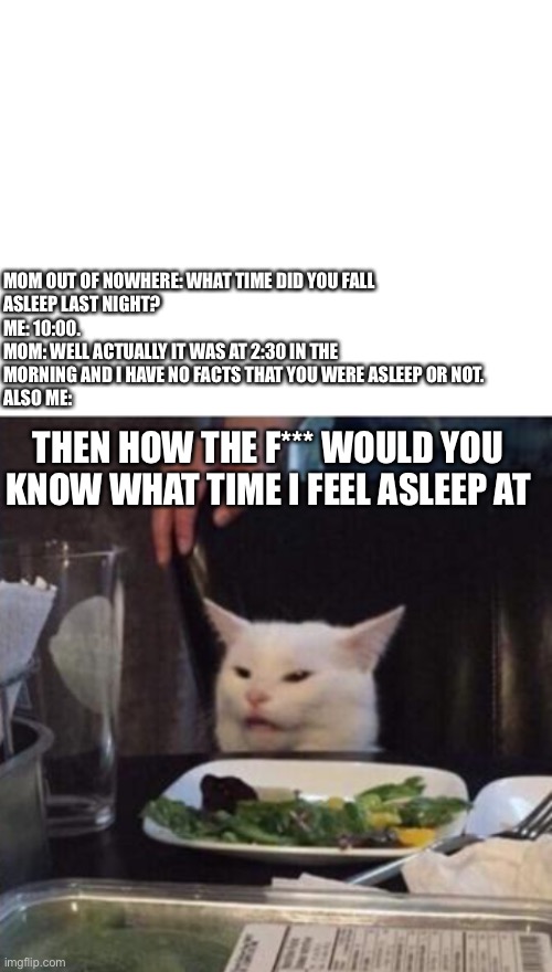 This can become really annoying | MOM OUT OF NOWHERE: WHAT TIME DID YOU FALL 
ASLEEP LAST NIGHT?
ME: 10:00.
MOM: WELL ACTUALLY IT WAS AT 2:30 IN THE 
MORNING AND I HAVE NO FACTS THAT YOU WERE ASLEEP OR NOT.
ALSO ME:; THEN HOW THE F*** WOULD YOU KNOW WHAT TIME I FEEL ASLEEP AT | image tagged in blank white template,memes,woman yelling at cat,meme,funny,funny meme | made w/ Imgflip meme maker