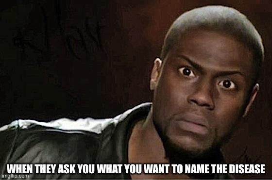 Kevin Hart Meme | WHEN THEY ASK YOU WHAT YOU WANT TO NAME THE DISEASE | image tagged in memes,kevin hart | made w/ Imgflip meme maker