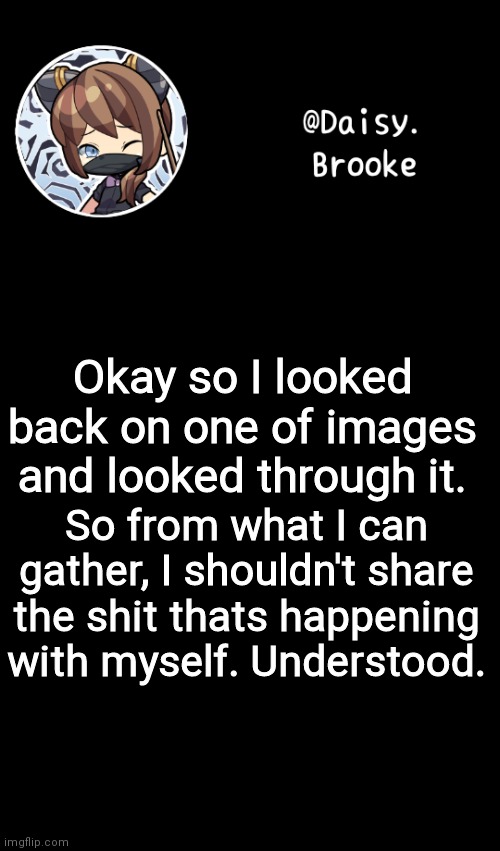 Daisy's new template | Okay so I looked back on one of images and looked through it. So from what I can gather, I shouldn't share the shit thats happening with myself. Understood. | image tagged in daisy's new template | made w/ Imgflip meme maker