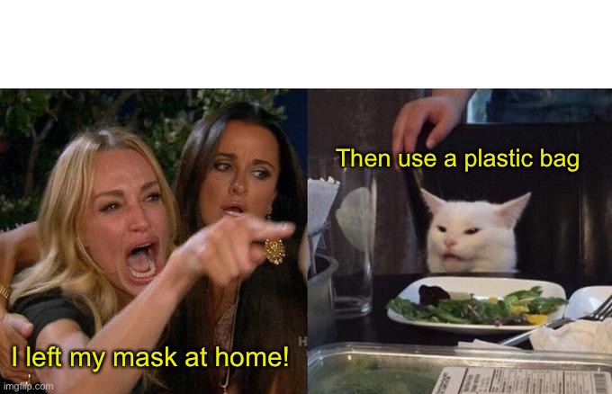 Woman Yelling At Cat Meme | I left my mask at home! Then use a plastic bag | image tagged in memes,woman yelling at cat | made w/ Imgflip meme maker