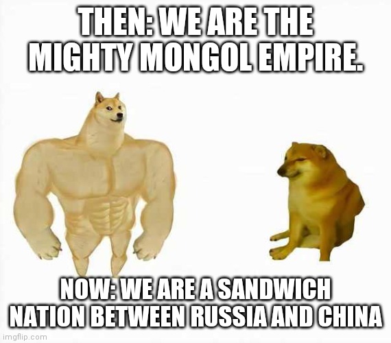 Empire | THEN: WE ARE THE MIGHTY MONGOL EMPIRE. NOW: WE ARE A SANDWICH NATION BETWEEN RUSSIA AND CHINA | image tagged in strong dog weak dog | made w/ Imgflip meme maker