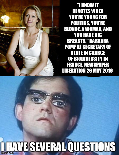 "I KNOW IT DENOTES WHEN YOU'RE YOUNG FOR POLITICS, YOU'RE BLONDE, A WOMAN, AND YOU HAVE BIG BREASTS." BARBARA POMPILI SECRETARY OF STATE IN CHARGE OF BIODIVERSITY IN FRANCE, NEWSPAPER LIBERATION 26 MAY 2016; I HAVE SEVERAL QUESTIONS | image tagged in france,yes minister,humour | made w/ Imgflip meme maker