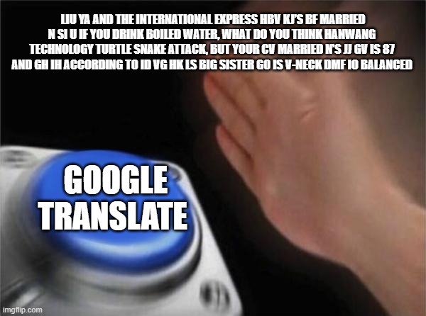 Blank Nut Button Meme | LIU YA AND THE INTERNATIONAL EXPRESS HBV KJ’S BF MARRIED N SI U IF YOU DRINK BOILED WATER, WHAT DO YOU THINK HANWANG TECHNOLOGY TURTLE SNAKE ATTACK, BUT YOUR CV MARRIED N’S JJ GV IS 87 AND GH IH ACCORDING TO ID VG HK LS BIG SISTER GO IS V-NECK DMF IO BALANCED; GOOGLE TRANSLATE | image tagged in memes,blank nut button | made w/ Imgflip meme maker