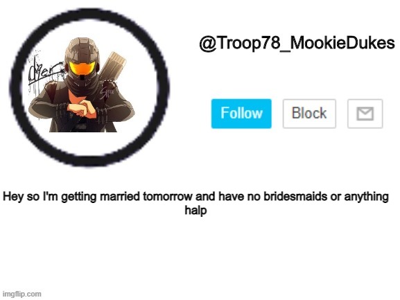 h a l p | Hey so I'm getting married tomorrow and have no bridesmaids or anything
halp | image tagged in troop78_mookiedukes | made w/ Imgflip meme maker