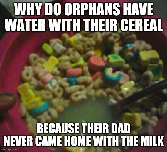 orphan jokes | WHY DO ORPHANS HAVE WATER WITH THEIR CEREAL; BECAUSE THEIR DAD NEVER CAME HOME WITH THE MILK | image tagged in funny | made w/ Imgflip meme maker