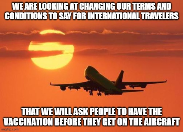 airplanelove | WE ARE LOOKING AT CHANGING OUR TERMS AND CONDITIONS TO SAY FOR INTERNATIONAL TRAVELERS; THAT WE WILL ASK PEOPLE TO HAVE THE VACCINATION BEFORE THEY GET ON THE AIRCRAFT | image tagged in airplanelove | made w/ Imgflip meme maker