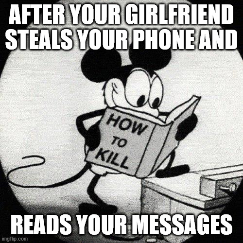 Murder mouse? | AFTER YOUR GIRLFRIEND STEALS YOUR PHONE AND; READS YOUR MESSAGES | image tagged in murder mouse | made w/ Imgflip meme maker