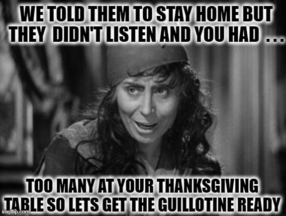 To the guillotine with them... they didn't listen to Prez-elect Joe | WE TOLD THEM TO STAY HOME BUT THEY  DIDN'T LISTEN AND YOU HAD  . . . TOO MANY AT YOUR THANKSGIVING TABLE SO LETS GET THE GUILLOTINE READY | image tagged in happy thanksgiving,covid-19,social distancing,wear a mask,angry liberal,police state | made w/ Imgflip meme maker