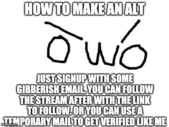 Blank White Template | HOW TO MAKE AN ALT; JUST SIGNUP WITH SOME GIBBERISH EMAIL. YOU CAN FOLLOW THE STREAM AFTER WITH THE LINK TO FOLLOW. OR YOU CAN USE A TEMPORARY MAIL TO GET VERIFIED LIKE ME | image tagged in blank white template | made w/ Imgflip meme maker