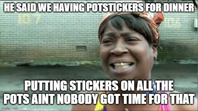 Ain't nobody got time for that. |  HE SAID WE HAVING POTSTICKERS FOR DINNER; PUTTING STICKERS ON ALL THE POTS AINT NOBODY GOT TIME FOR THAT | image tagged in ain't nobody got time for that | made w/ Imgflip meme maker