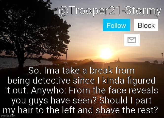 Its a thing I have been questioning | So. Ima take a break from being detective since I kinda figured it out. Anywho: From the face reveals you guys have seen? Should I part my hair to the left and shave the rest? | image tagged in trooper21-stormy | made w/ Imgflip meme maker
