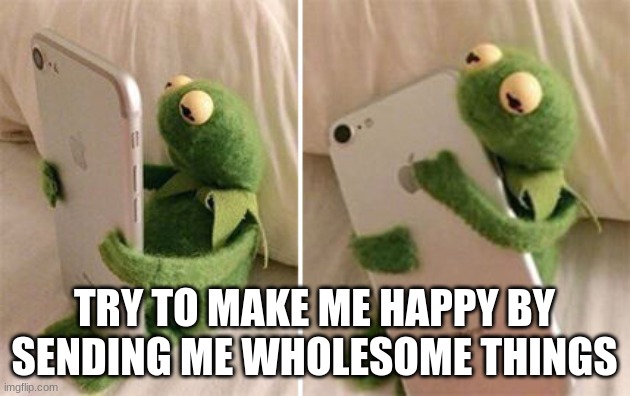 please, I need it (you can also send me funny things to make me laugh, that works too) | TRY TO MAKE ME HAPPY BY SENDING ME WHOLESOME THINGS | image tagged in kermit hugging phone | made w/ Imgflip meme maker