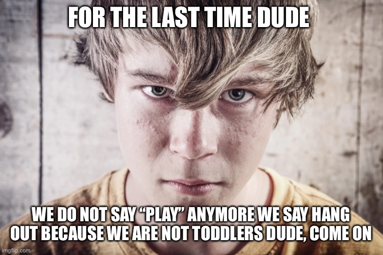 For the last time bro | FOR THE LAST TIME DUDE; WE DO NOT SAY “PLAY” ANYMORE WE SAY HANG OUT BECAUSE WE ARE NOT TODDLERS DUDE, COME ON | image tagged in fun,cringe,teenagers,cool,tough guy sponge bob,memes | made w/ Imgflip meme maker