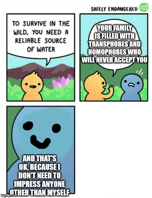 Dehydrate in the wild | YOUR FAMILY IS FILLED WITH TRANSPHOBES AND HOMOPHOBES WHO WILL NEVER ACCEPT YOU; AND THAT'S OK, BECAUSE I DON'T NEED TO IMPRESS ANYONE OTHER THAN MYSELF | image tagged in survive in the wild | made w/ Imgflip meme maker