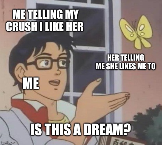 Is This A Pigeon Meme | ME TELLING MY CRUSH I LIKE HER; HER TELLING ME SHE LIKES ME TO; ME; IS THIS A DREAM? | image tagged in memes,is this a pigeon | made w/ Imgflip meme maker
