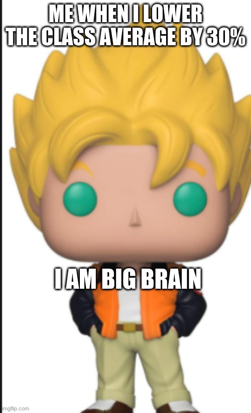 i made this template and im regretting it | ME WHEN I LOWER THE CLASS AVERAGE BY 30%; I AM BIG BRAIN | image tagged in big brain goku | made w/ Imgflip meme maker