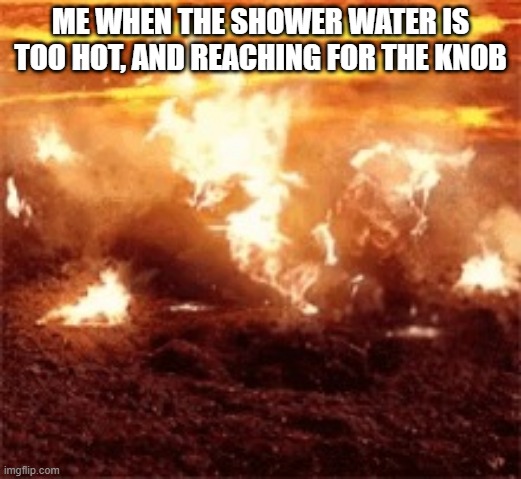 Burning Anikan | ME WHEN THE SHOWER WATER IS TOO HOT, AND REACHING FOR THE KNOB | image tagged in burning anikan | made w/ Imgflip meme maker