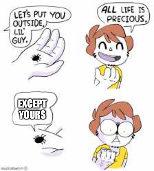 Spooder | EXCEPT YOURS | image tagged in all life is precious,spider,memes,funny memes,deez nuts | made w/ Imgflip meme maker