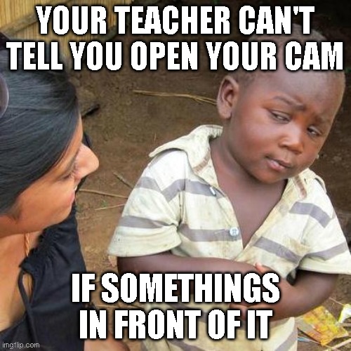 Third World Skeptical Kid Meme | YOUR TEACHER CAN'T TELL YOU OPEN YOUR CAM; IF SOMETHINGS IN FRONT OF IT | image tagged in memes,third world skeptical kid | made w/ Imgflip meme maker
